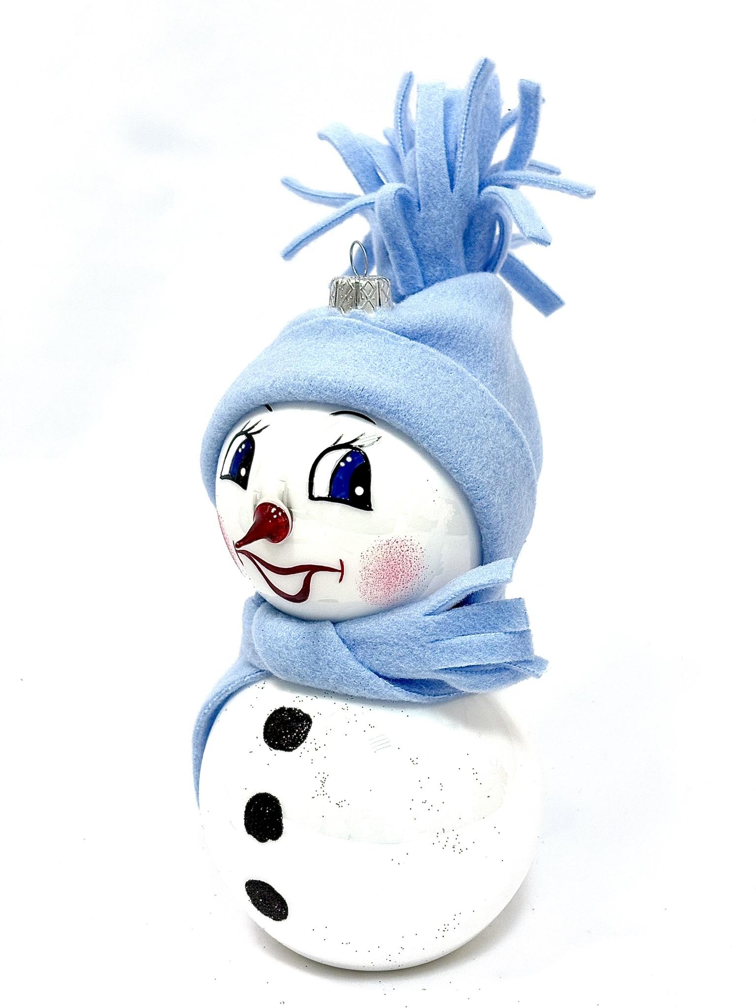 Veselý skleněný sněhulák s modrou čepicí a šálou – 18 cm Balení: 1ks, Barva: bílá
