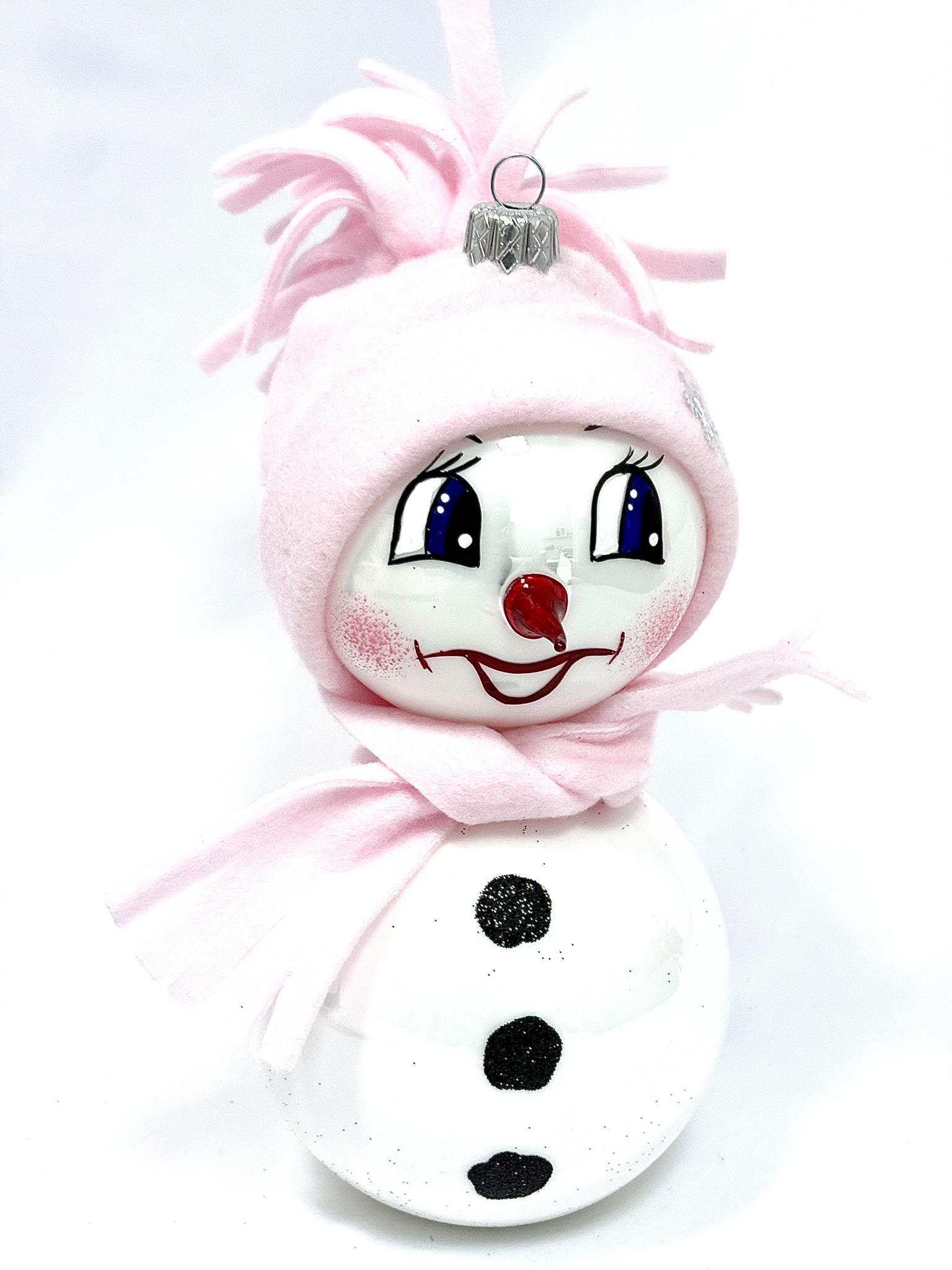 Veselý skleněný sněhulák s růžovou čepicí a šálou – 18 cm Balení: 1ks, Barva: bílá
