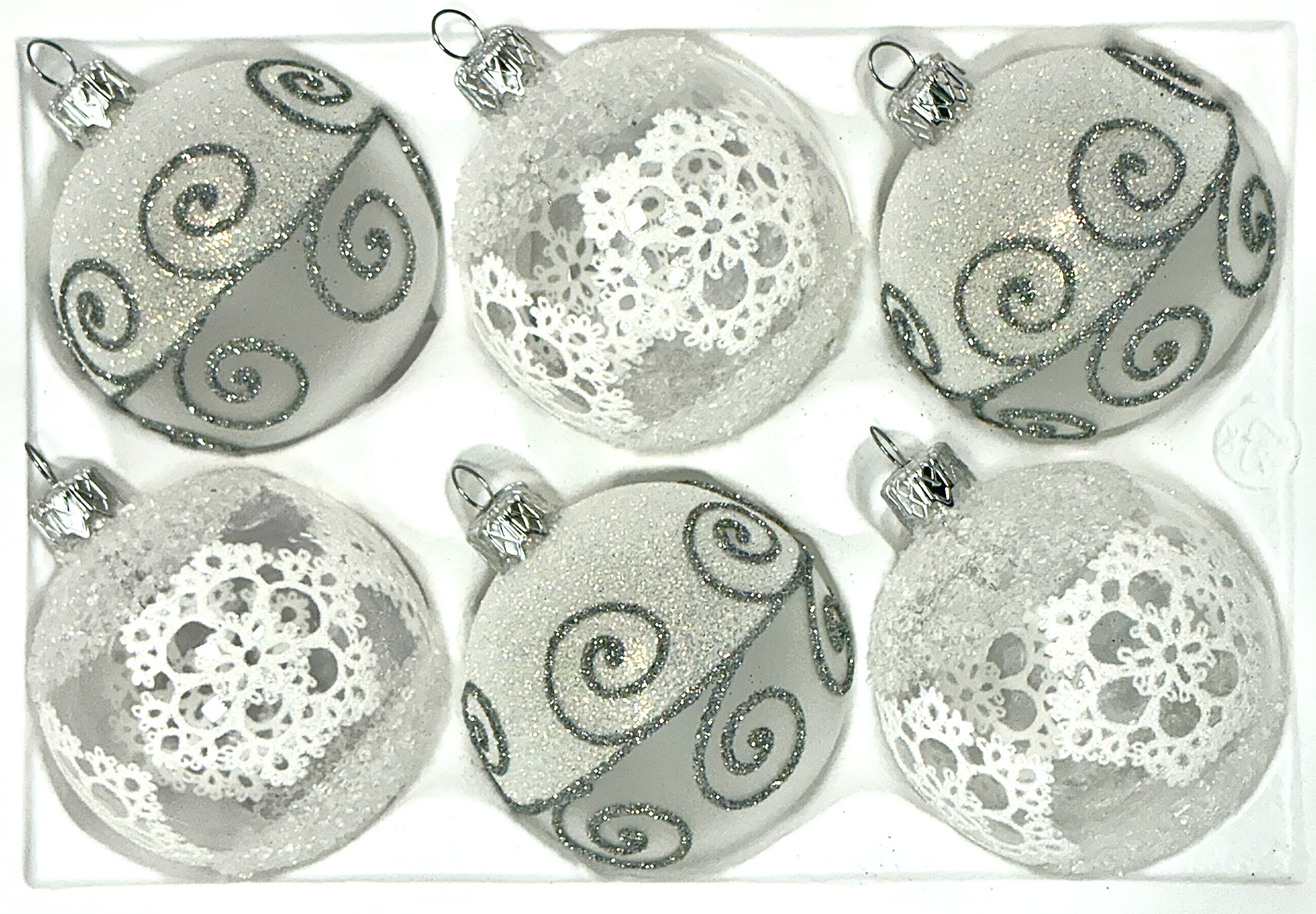 ✨ Královská krajka – Luxusní skleněné vánoční ozdoby 7 cm – sada 6 ks Balení: 6ks, Barva: bílá;čirá