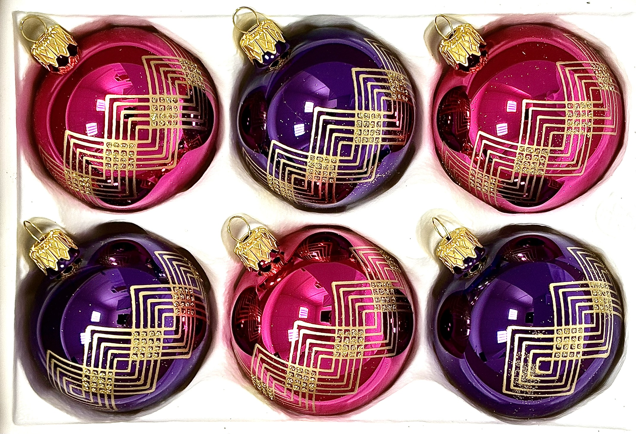 Kolekce Art Deco Glamour – Skleněné vánoční ozdoby v růžovo-fialovém tónu 7 cm – sada 6 ks Balení: 6ks, Barva: fialová