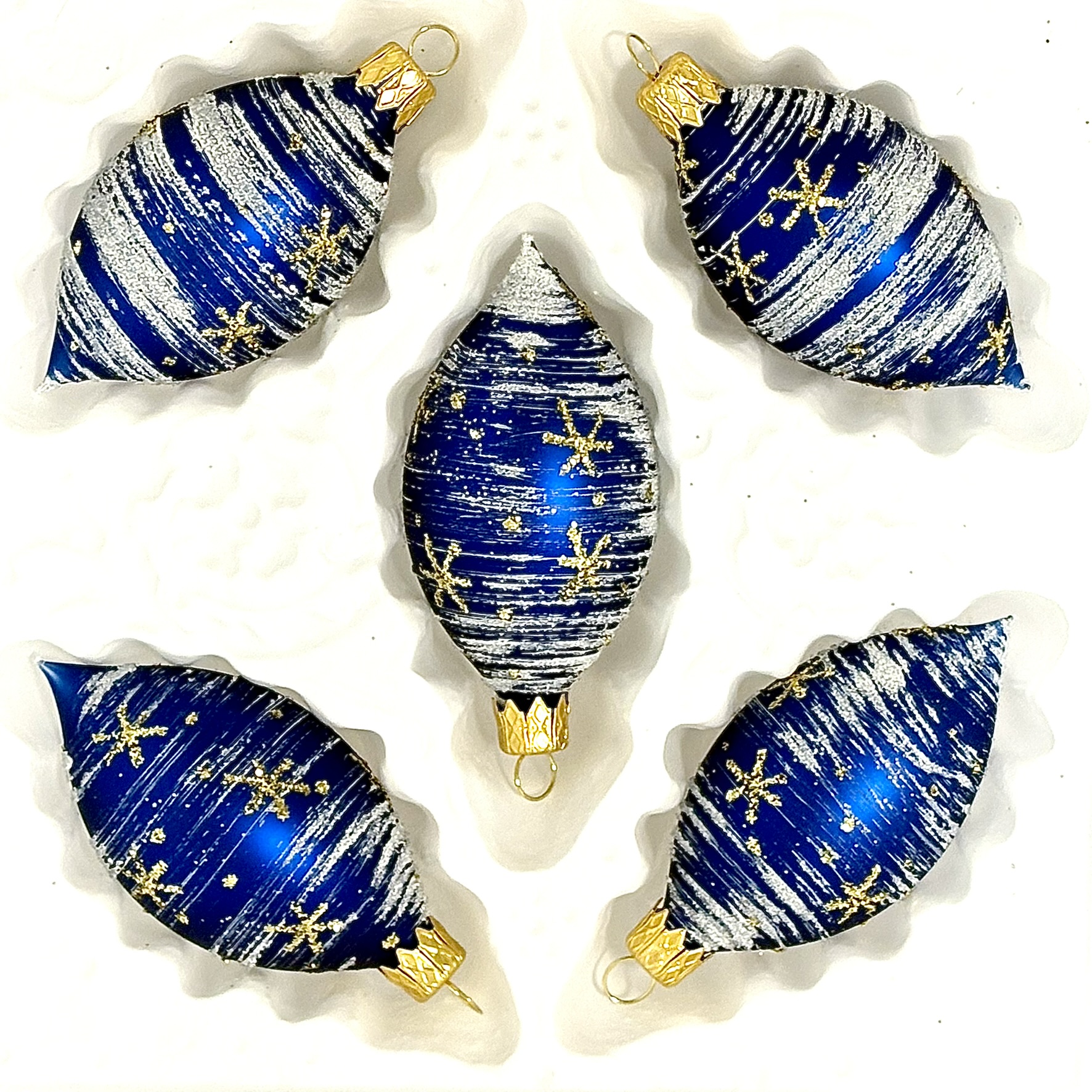 Skleněné vánoční ozdoby "Noční hvězdná oliva", 8 x 4 cm, modro-bílé se zlatými hvězdami- sada 5 ks Balení: 5 ks, Barva: modrá