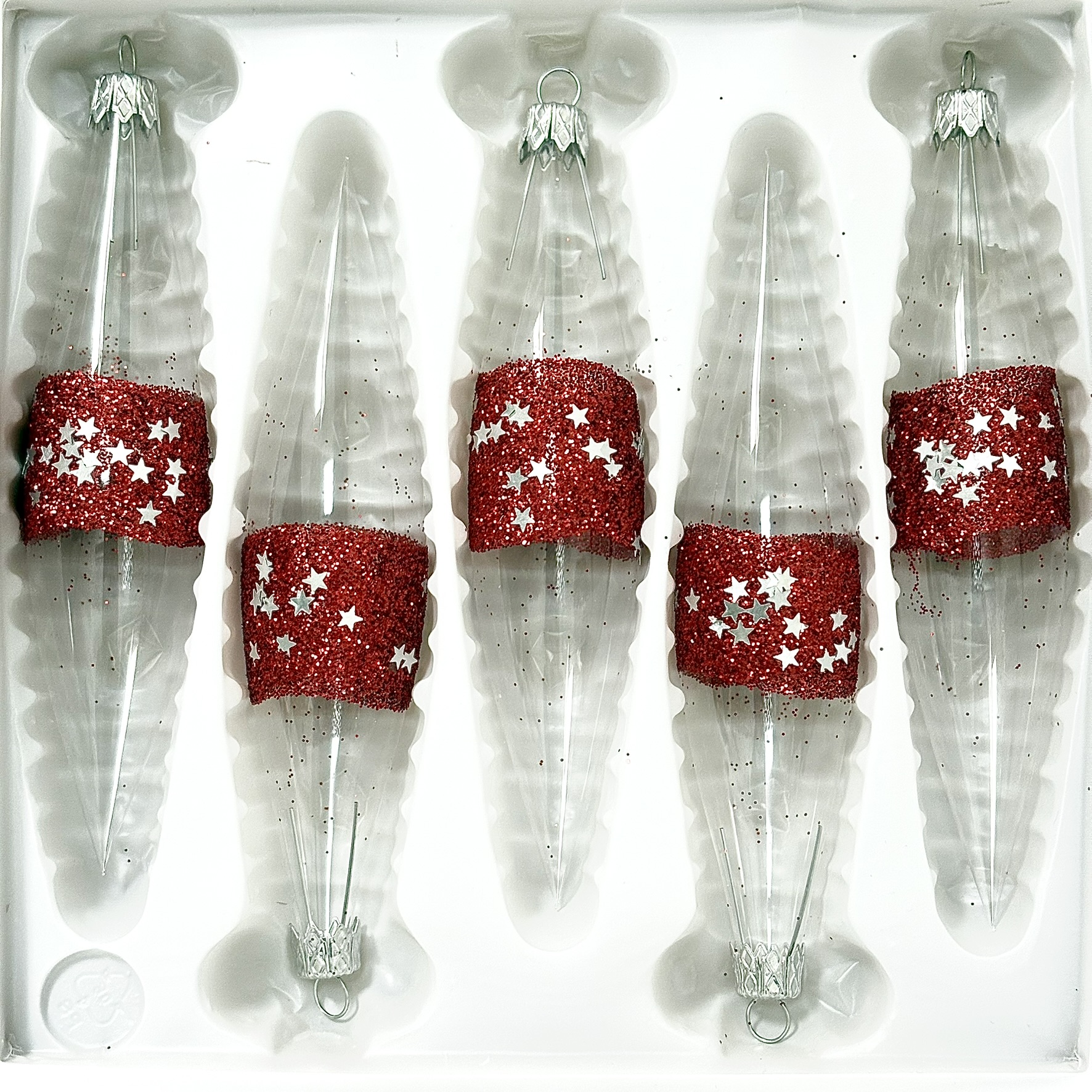 Sada červených skleněných rampouchů s hvězdami – Kouzlo vánoční noci (sada 4 ks, 14 x 3 cm) Balení: 5ks, Barva: čirá
