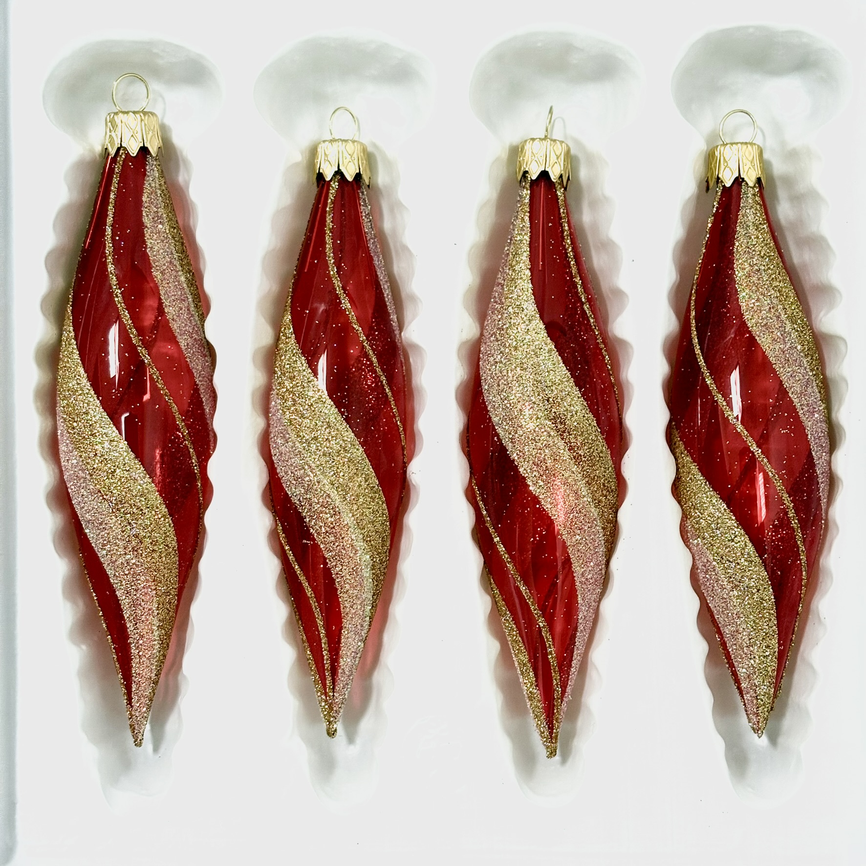 Sada červených spirálových rampouchů se zlatým glitterem – Sváteční třpyt (sada 4 ks, 14 x 3 cm) Balení: 4ks, Barva: červená