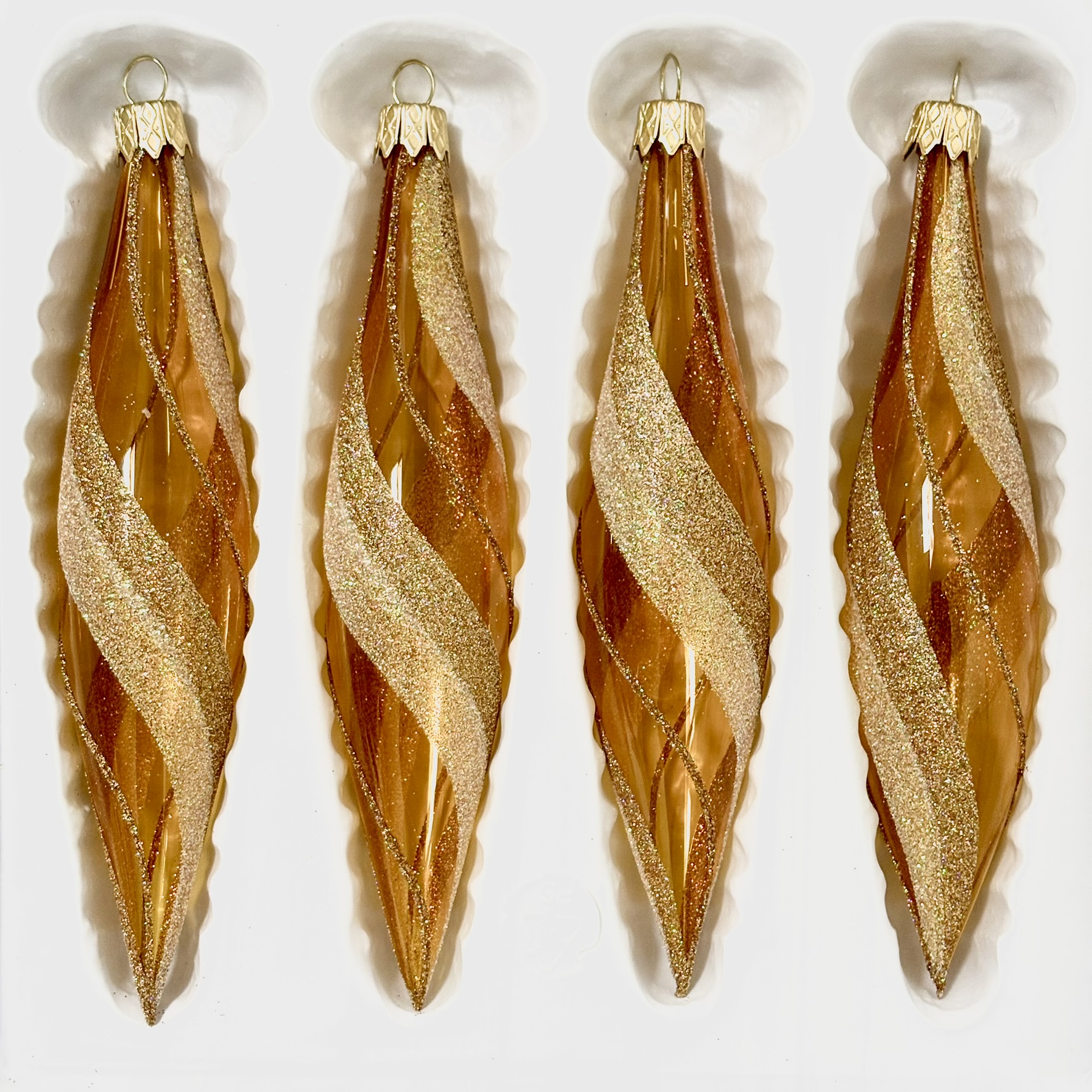 Sada zlatých spirálových rampouchů s třpytivým dekorem – Zlatý vír (sada 4 ks, 14 x 3 cm) Balení: 4ks, Barva: zlatá