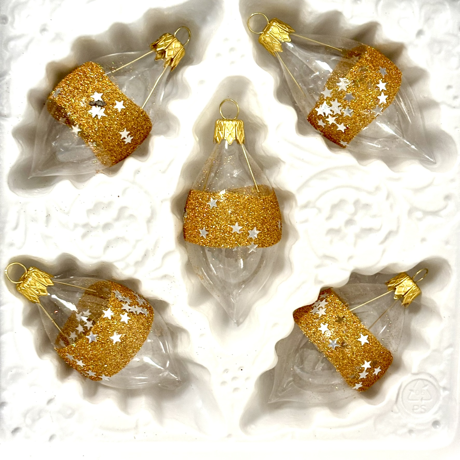Zlaté hvězdné olivy – třpytivé skleněné ozdoby ( 8 x 4 cm, sada 5 ks ) Balení: 5 ks, Barva: čirá;zlatá